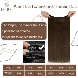 Hetto Weft Hair Extensions Human Hair Brown Sew in Weft Hair Extensions Double Weft Sew in Hair Extension #4 Dark Brown One Piece 14 Inch 80g