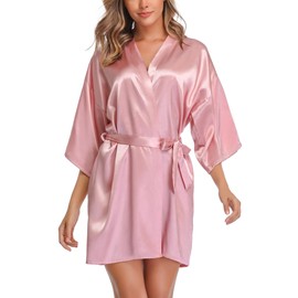 Wikoan Women's Satin Dressing Gown, Soft Silk Robe Lightweight Sleepwear for Bridal, Wedding Party Robes with Oblique V-Neck,L,Dusky Rose