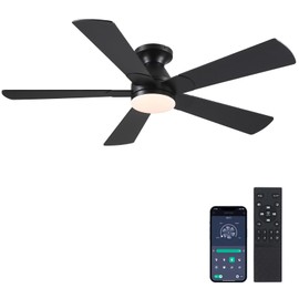 BYKISTOK Black Ceiling Fans with Lights - 52In Flush Mount Ceiling Fan Light with Remote, 3CCT Dimmable and 6 Wind Speeds, Modern Low Profile Fan Light for Indoor Bedroom, Covered Outdoor