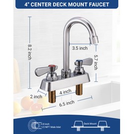 Phivan Commercial Kitchen Faucet 4" Center Deck Mount Commercial Bar Hand Sink Faucet with 3-1/2" Gooseneck Spout 2 Lever Handles Laundry Tub Utility Sink Faucet, Brass, Ceramic Valve