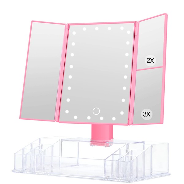 GULAURI Makeup Mirror - Lighted Makeup Mirror with Lights and Magnification, 3x/2x Magnifying, Tri-Fold Cosmetic Vanity Mirror with 24 LED Light and Storage, Touch Screen, 180 Degree Adjustable, Pink