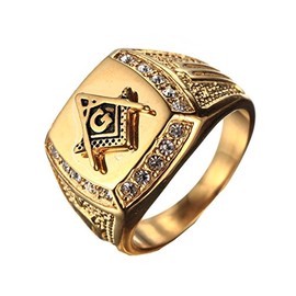 PMTIER Men's Cubic Zirconia Masonic Freemason Gold Plated Stainless Steel Rings Size 7