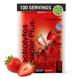PowderVitamin- Electrolitos en Polvo Plus (100 Porciones) Polvo de Electrolito de Fresa Cero Calorías Ceto,0 Azúcar, Sin Maltodextrina,1000mg de...   