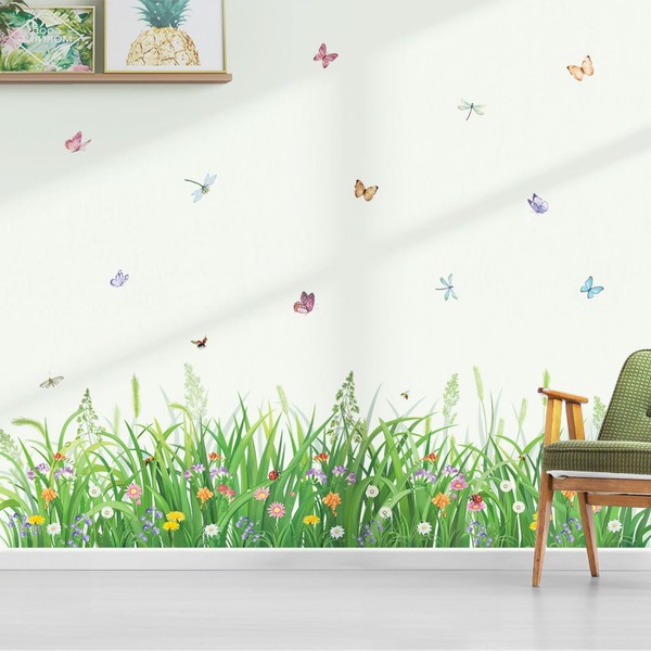 decalmile Green Plant Grass Flowers Wall Corner Stickers Butterflies Floral