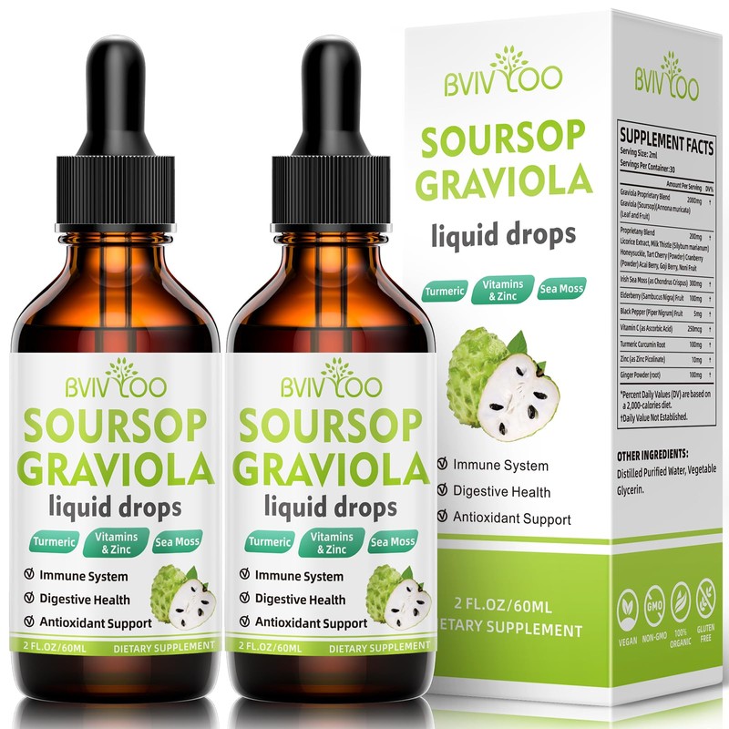 2 Pack Soursop Graviola Liquid Drops - 2000mg Pure Soursop