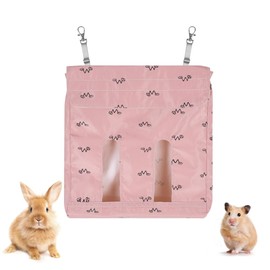 Rabbit Hay Bag, 2-Hole Hanging Rabbit Feeder Bag with 2 Metal Hooks, Small Animal Feeding Sack for Small Animals Rabbits Guinea Pigs Hamsters Chinchillas Hedgehogs