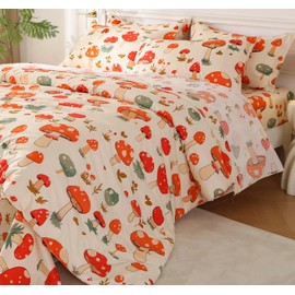 SDY 7PCS Mushroom Comforter Set Twin Size Cute Printed Bedding Comforter Sets Bed in a Bag for Toddler,Girls Boys and Kids, with Comforter, Flat Sheet, Fitted Sheet and Pillowcases & Shams