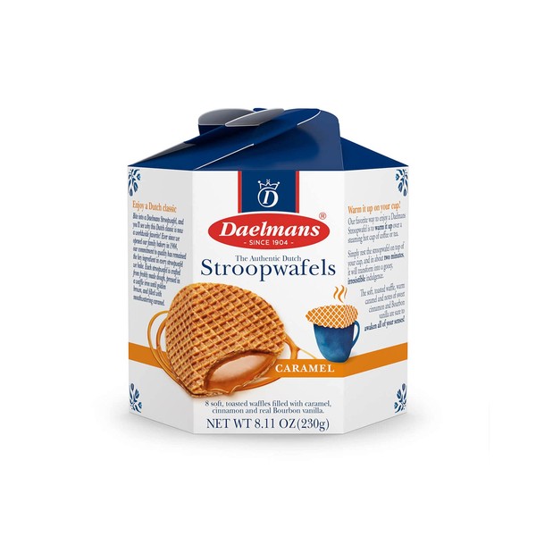 DAELMANS Stroopwafels, Dutch Waffles Soft Toasted, Caramel, Office Snack, Kosher Dairy, Authentic Made In Holland, 8 Stroopwafels Per Box, 1 Box, 8.11oz