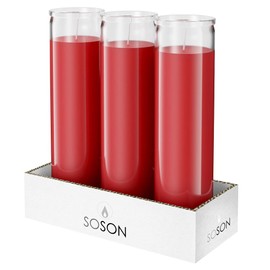 Simply Soson 2x8 inch 7 Day Red Pillar Candles in Glass, Set of 3, 90 Hour Burn time, Unscented Prayer Candles, Religious Candle, Candles for Memorials, Emergency Vigil Candle