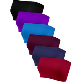 6 Pieces Strapless Bandeau Bra Seamless Bralettes Tube Bra Stretchy Non-Padded Bandeau Tube Bra for Women (Black, Purple, Lake Blue, Purplish Red, Navy Blue, Burgundy, Medium)