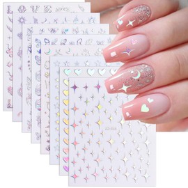 8 Sheets Laser Heart Star Nail Art Stickers 3D Self Adhesive Aurora Butterfly Snake Nail Stickers Glitter Designs Holographic Nail Art Supplies Silver Nails Decals for Women Manicure Tips Decorations