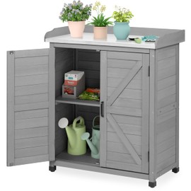 Outdoor Storage Cabinet & Potting Bench Table with Metal Top, Wooden Patio Furniture, Garden Workstation (Classic Grey, 39x31.5x17in)