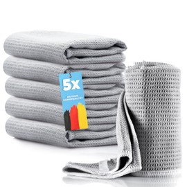 HELOME Microfibre Drying Cloth (Pack of 5) Extra Absorbent 38 x 60 cm Microfibre Cloth for Kitchen, Catering, Car, Dries Windows, Fittings, Glasses, Cutlery Guaranteed Streak-Free