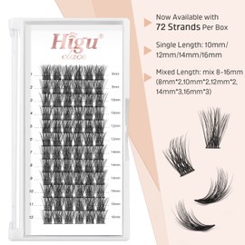 Higu clace Eyelash Cluster Extensions, 72 Pieces, 12 mm Cluster Eyelash Extensions, Thin Stems, Cluster Eyelashes, Individual Eyelash Clusters, Wispy, Natural, Reusable (H-03 12 mm)