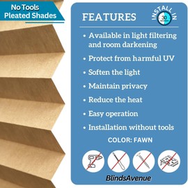 BlindsAvenue Cordless Pleated Window Shades, Easy Install, No Drill No Tools, Fawn, Light Filtering Blinds, Size 51" W x 64" H
