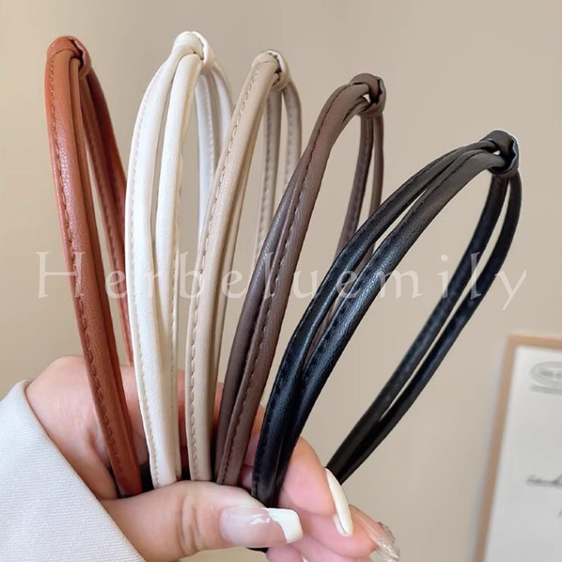 Herbeluemily Thin Headband with Faux Leather, PU Leather, Headband, Knot,
