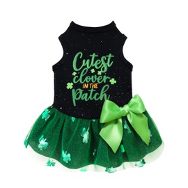 Fitwarm Cutest Clover in The Patch Dog Dress, St Patricks Day Dog Clothes for Small Dogs Girl, Funny Pet Cat Holiday Outfit, Black, Emerald Green, Large