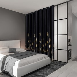 Estelar Textiler Wide Blackout Curtain for Sliding Door 100W x 108L Inch Thermal Insulated Window Blinds Foil Print Gold Palm Pattern drape for Living Room, 8.3ft Wide x 9ft Long, Black,1 Panel