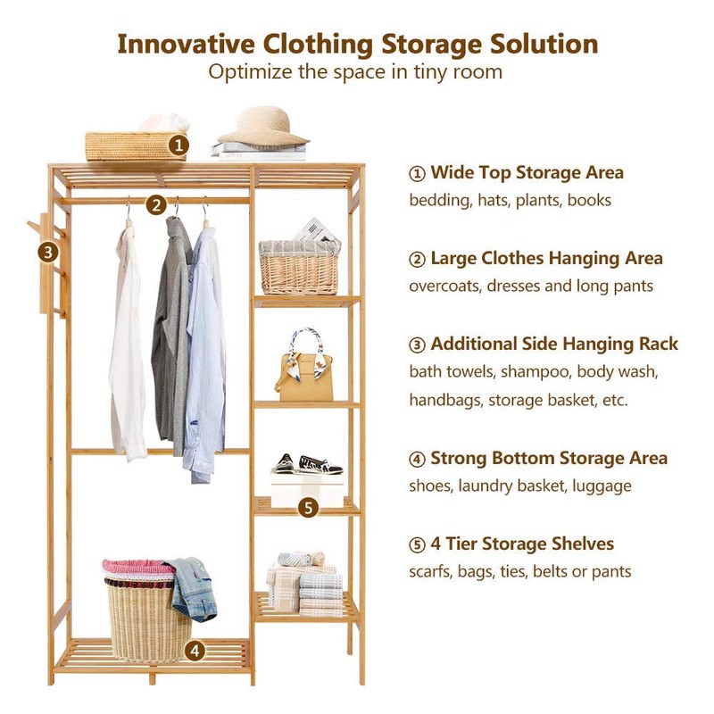 Ufine Bamboo Garment Rack 6 Tier Storage Shelves Clothes Hanging