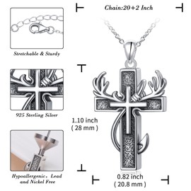 DAOCHONG 925 Sterling Silver Cremation Jewelry Cross Urn Necklace for Ashes for Men Women Fish Hook Memorial Human Pet Urn Pendant Deer Antler Ashes Holder Keepsake Gifts for Loved Ones