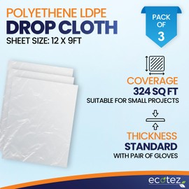 Ecotez 3 Pack 12 x 9 ft Extra Large Painter’s Plastic Drop Cloth Painting Sheet-Light & Durable Dust Cover-Clear Plastic Sheet-Plastic Sheeting-Plastic Cover-Paint Drop Cloth- Plastic Floor Protector