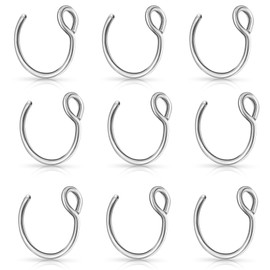 Yolev 9Pcs Fake Nose Rings,Fake Nose Ring Hoop Stainless Steel Nose Hoop for Faux Lip Septum Nose Ring Set Non Piercing Lip Rings