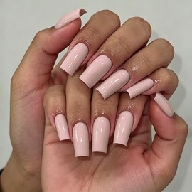 Uñas Postizas Largas Cuadradas Color Rosa Coral, Uñas Postizas Medianas Tipo Ataúd, Uñas Postizas Largas con Pegamento, Uñas Acrílicas Gruesas Natural