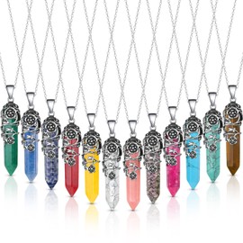 Sureio 12 Pcs Healing Crystal Necklace Hexagonal Healing Crystal Flower Wrapped Crystal Point Pendant Necklace Healing Pendents Natural Quartz Point Necklace with Chain for Women, M, natural stones,