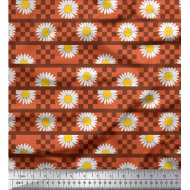 Soimoi Orange Velvet Fabric Stripe,Square & Daisy Floral Print Fabric by The Yard 58 Inch Wide