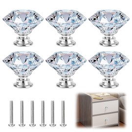 6 PCS Cabinet Knobs Cupboard Drawer Pull Handle with Screws, 20mm Drawer Handles Crystal Glass Diamond Shaped cupboards Door Knob Crystal Door Knobs for Furniture Cabinet Dressing Table Decora