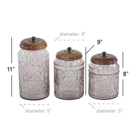 Deco 79 Farmhouse Glass, Wood and Metal Canisters, 5"W x 11"H, Brown, Clear
