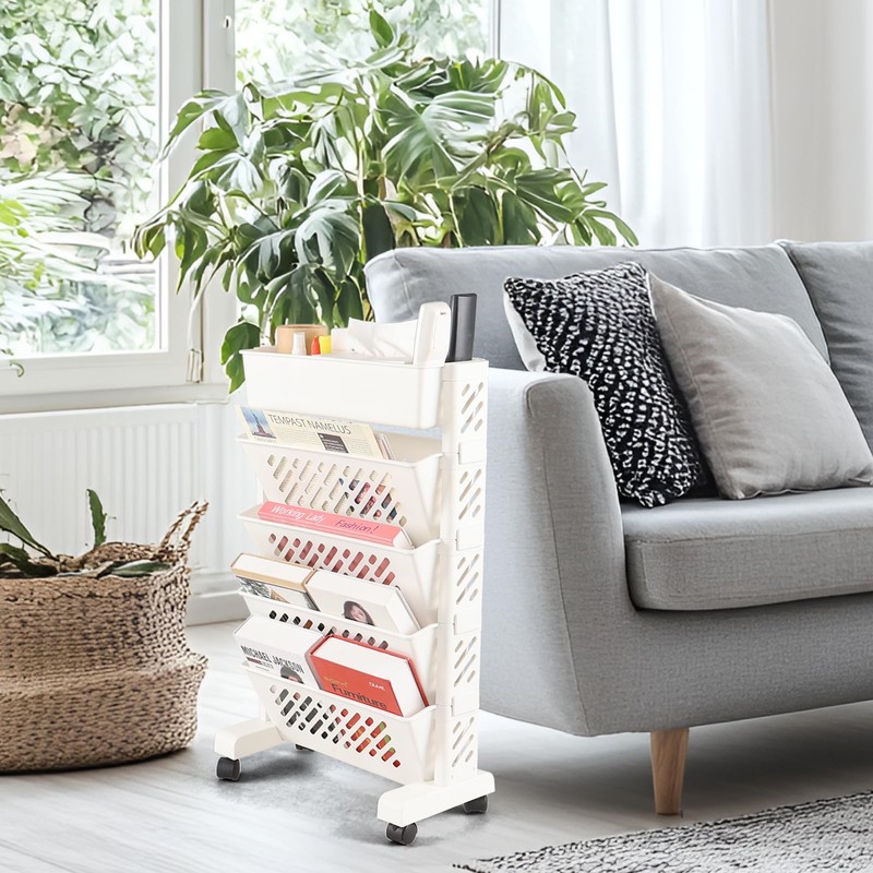 Tstorage Plastic Mobile Storage Bookshelf, 5-Tier Tableside Rolling Bookcase, Mobile