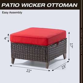 Gardenbee Outdoor Ottoman, All Weather Outdoor Rattan Ottomans Set of 2 Patio Footstools with Removable Cushions for Garden Backyard Porch(Brown/Red)