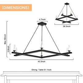 NKJORTPPL Black Farmhouse Chandeliers for Dining Room,6-Light Square Dining Room Light Fixture,43" Rectangular Wagon Wheel Candle Chandelier for Entryway Living Room Foyer Kitchen Island