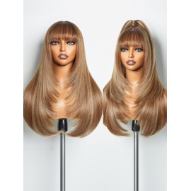 GORGIUS Highlight Straight Layered Wigs with Bangs Glueless Light Brown with Blond Highlights 22 Inch Wigs Crafted with Style-Archive Premium Fiber Natural Hairline