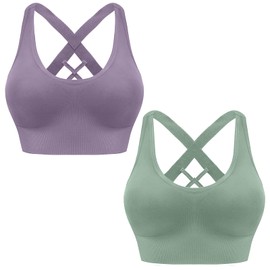 HANERDUN Women's Mittle Support Sports Bra Crossback Push Up Yoga Bra Seamless Without Underwire with Removable Padded for Fitness Running Jogging, 2 Pieces (Grey-Purple+Light Green