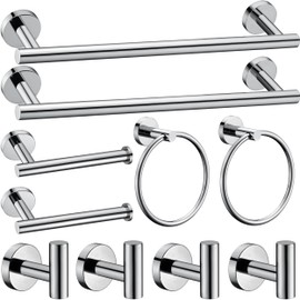 10 Pieces Polished Chrome Bathroom Hardware Accessories Set,Hand Towel Ring,16 inch Towel Bar,Toilet Paper Holder,4pcsTowel Hooks,Round SUS304 Stainless Steel Heavy Duty Wall Mount Holder,Towel Rack