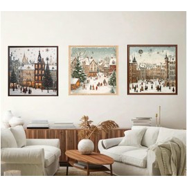3PCS18X18In Winter Painting Wall Art, Vintage Wall Mural, Vintage Building, Christmas Tree, Snowman in Snowing Village, Peel and Stick Wall Decoration Decals, Winter Wonderland Decals for Home Wall