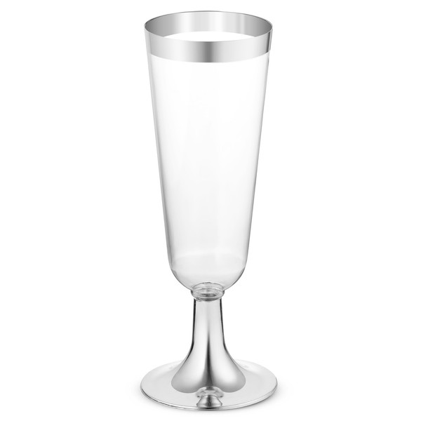 50 Plastic Silver Rimmed Champagne Flutes | 5.5 oz. Clear Hard Disposable Party & Wedding Cups | Premium Heavy Duty Fancy Champagne Flute or Toasting Glasses (50-Pack) Silver by Bloomingoods