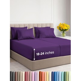Extra Deep Split King Sheet Set - 7 Piece Breathable and Cooling Sheets - Hotel Luxury Bed Sheets Set - Easy Fit - Soft, Wrinkle Free and Comfy Sheets Set - Purple Sheet Set with Extra Deep Pockets
