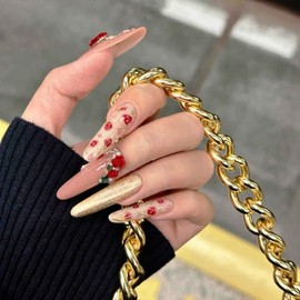 IMRAIN Press on Nails Long Stiletto Fake Nails Full Cover Rhinestone Nude Cat's Eye Acrylic False Nails with Red Rose Designs Glossy Stick on Nails for Women Girls 24Pcs