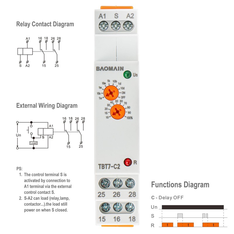 Baomain Multi-Function Time Relay, 16A/AC250V, Delay Off 2 SPDT, DIN