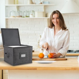 popoly China Storage Container for Bowls or Dessert Plates, 8.5" W x 6" H Plate Storage Case with 24 Felt Dividers, Hard Shell and Stackable (2 Pack Grey)