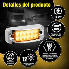 Par Plafon 12 Led Lateral Rectangular Pestaña Estrobo 12-24v, 12PCS De Luces Laterales para Camiones, Alto Brillo, IP67, LED Impermeables, Fácil Instalación (Amarillo)