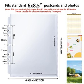6x8.5” Binder Sheets Sleeves for 8.07 x 9.64 Binder 6Ring 3Ring 2 Ring (100 Pictures), Top Loading 7 Hole Transparent Refill Pages Sheet Protector for Photos, Postcards,Stickers 50 Pack