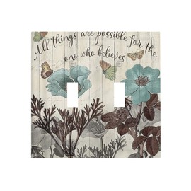 Teal Tulip Flowers Double Toggle Wall Plate 2 Gang Rustic Vintage Farmhouse Floral Decorative Light Switch Cover Beige Wooden Electrical Faceplate Switchplate for Bathroom Bedroom Kitchen