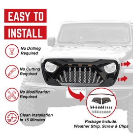 AMERICAN MODIFIED Goliath Grille w/LED Amber Lights Compatible with 2018 Plus Wrangler JL and 2020 Plus Gladiator JT Models w/o TrailCam, Glossy Black