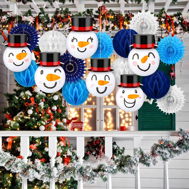 Riakrum 18 Pcs Winter Snowman Hanging Paper Lanterns Christmas Snowflake