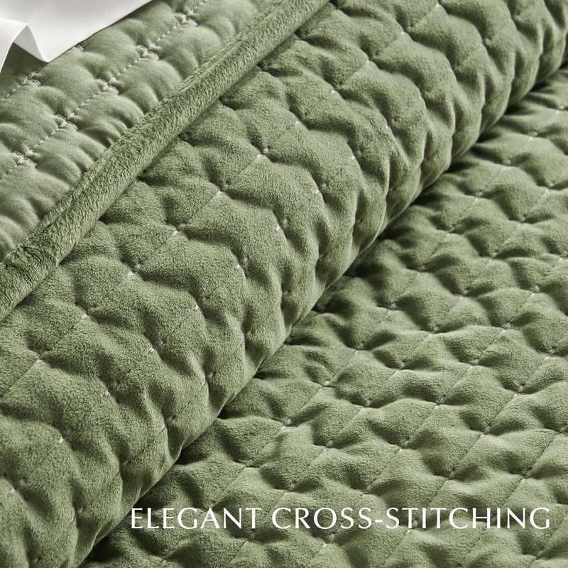 EverGrace Cross-Stitch Velvet Quilt Set, Queen Size, Loden Green