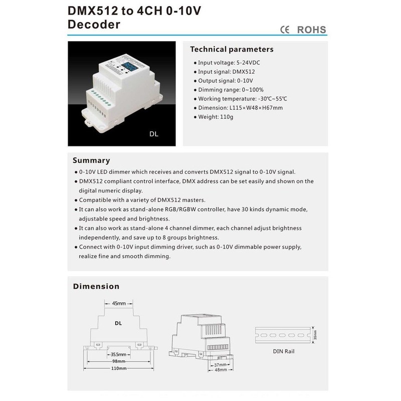 DMX512 to 4CH 0-10V Decoder 0-10V LED Dimmer DMX512 Signal